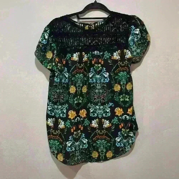 Twine & String floral black and orange short sleeve blouse shirt top size small - Picture 6 of 10